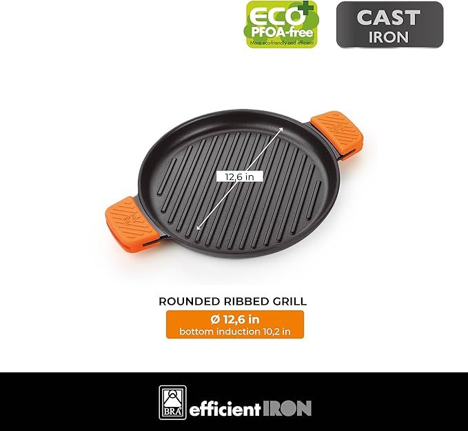 BRA COOKWARE Efficient Iron Round Ribbed Grill | 12.6 inches Cast Iron Round Griddle | All Heat Sources Compatible | PFOA Free | Without Non-Stick | Silicon Handle | Non Deformable
