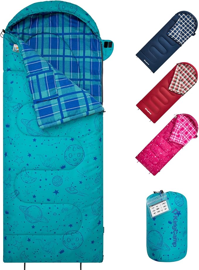 KingCamp 45° F Kids Sleeping Bag, Lightweight Waterproof & Compact Flannel Sleeping Bags Cold Weather & Warm Youth Essentials Gear Accessories for Camping, Fits 10-12 Children up to 5'5" Tall