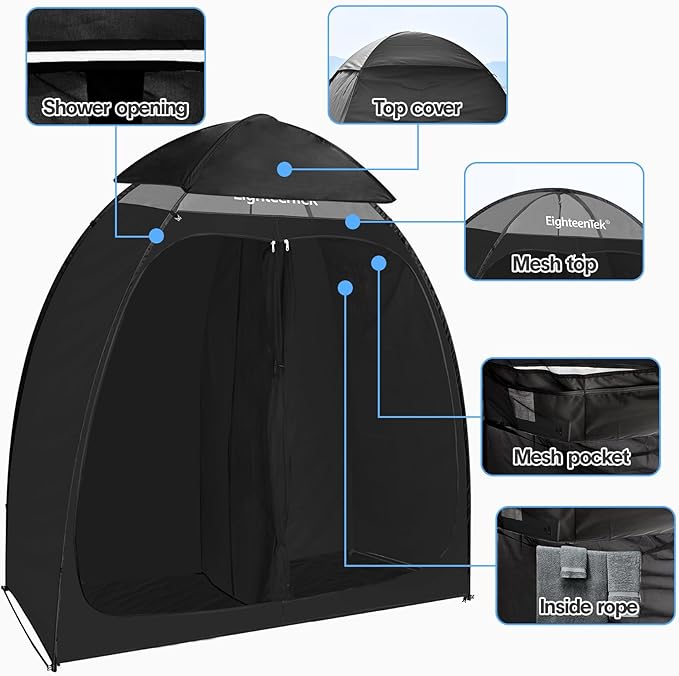 EighteenTek Shower Tent Camping, 2-Room Portable Changing Room, Outdoor Shower Enclosure, Pop Up Privacy Tent Shelter with Floor & Doors, Waterproof & Lightweight, Camping Toilet Bathroom