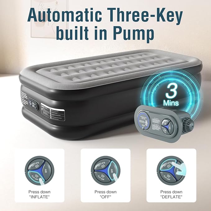 Air Mattress 18", Twin Air Bed with Soft Flocked Top and Portable Carry Bag, Twin Air Mattress with Built in Pump Raised for Guest, Office, Camping (Black)