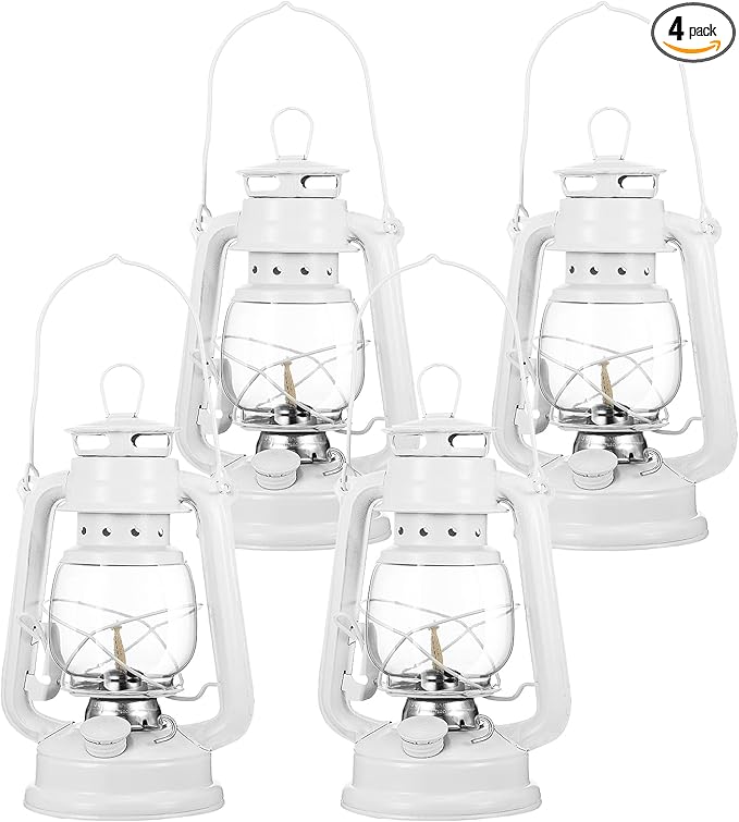 Honoson 4 Pieces Oil Lamp Hurricane Lamp Kerosene Lantern for Indoor Outdoors Decorative Hanging Oil Lantern with Wick for Hiking Emergency Camping Party Decoration(White,10 Inch)