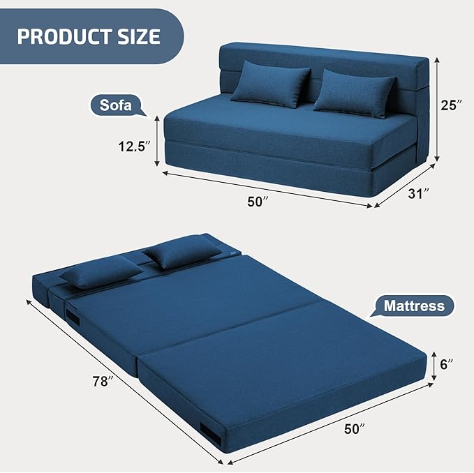 Folding Sofa Bed with Pillows- Convertible Chair Floor Couch & Sleeping Mattress, Foldable Memory Foam Sleeper for Living Room/Dorm/Guest Room/Home Office/Apartment/Loft, Full, Navy Blue