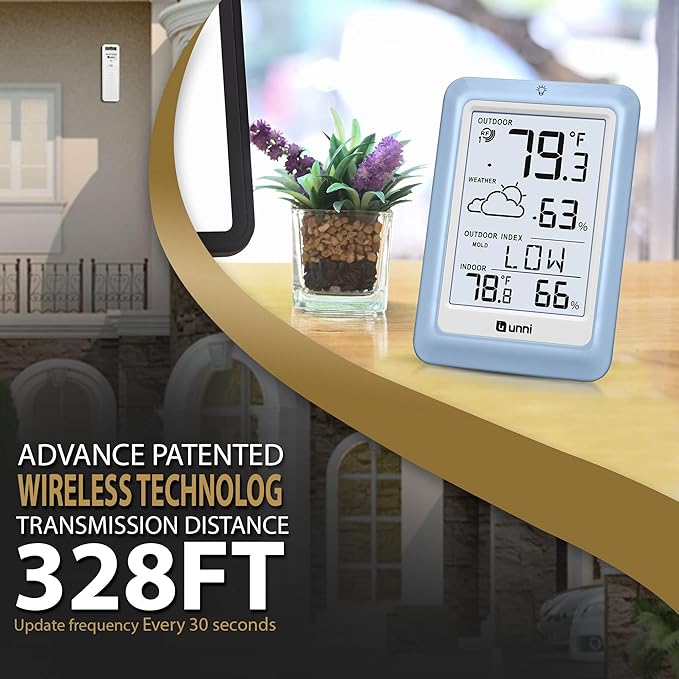 Indoor Outdoor Thermometer Wireless Weather Station, Temperature Humidity Monitor Battery Powered with 330ft Range Remote Sensor and Backlight Display（Light Blue）