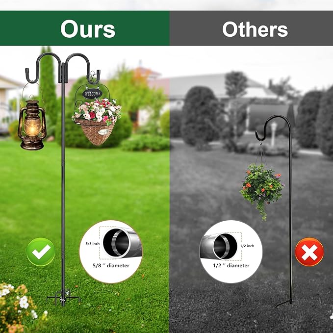 Black Double Shepherds Hook - 98 Inch Adjustable Bird Feeder Pole with 5 Prongs Base - Heavy Duty Rustproof Shepards Hooks for Outdoor Hummingbird Feeder Stand, Solar Lights, Lanterns, Flower Basket