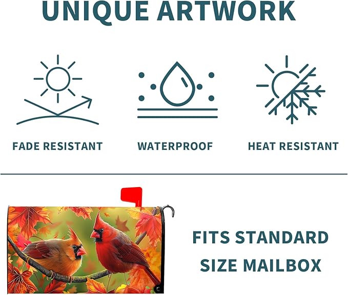 Autumn Bird Mailbox Cover Magnetic Standard Size 21x18 Inch Fall Red Birds with Maple Leaves Mailbox Covers Happy Holiday Thanksgiving Mailbox Post Cover Decor Letter Box Wraps for Outdoor Garden Yard