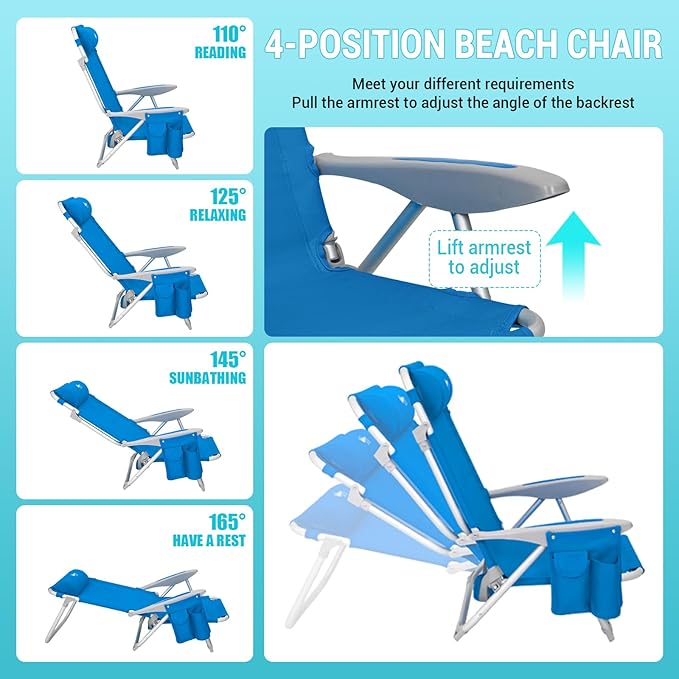 #WEJOY Folding Beach Chair for Adults, 4-Position Aluminum Lightweight Beach Chair, Low Sands Chairs with Shoulder Strap, Cup Holder and Padded Headrest, Supports 265lbs for Lawn