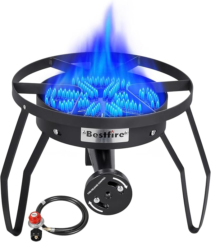 Bestfire 16" Single Propane Burner Camping Stove with Steel Braided Hose 200,000 BTU for Frying, Camping, Home Brewing and Turkey Frying