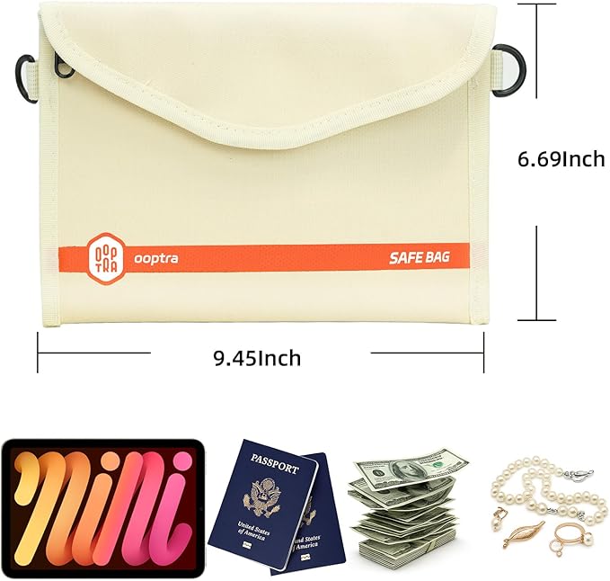 Fireproof Document Bag (Beige) – Waterproof Zipper – Lightweight & Portable – for Home, Office & Travel – Holds Files, Cash, Passport, Valuables – Fire & Water Resistant – with External Buckle