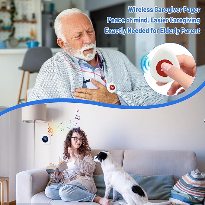 Nestling® Wireless Caregiver Pager SOS Call Button Nurse Alert System Call Bell for Elderly Monitoring Patient Disabled 1 Waterproof Panic Call Button & 1 Plugin Receiver