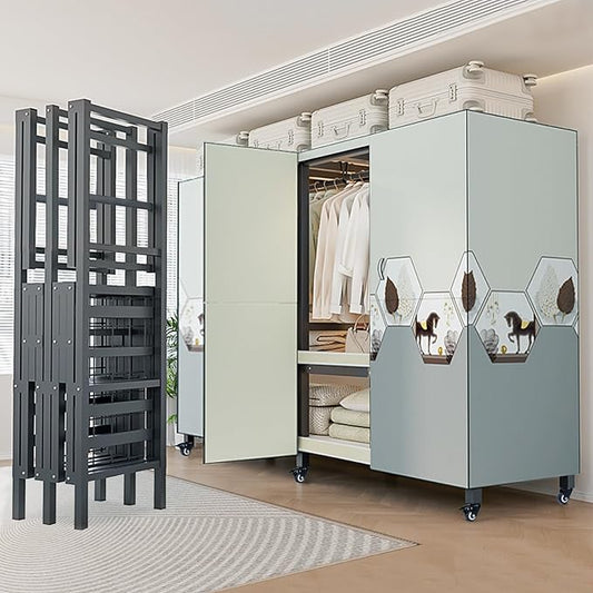 FPIGSHS Heavy Duty Clothes Rack with Magnetic Door 2000LBS Foldable Portable Wardrobe Closet for Hanging Clothing Rolling Garment Rack on Wheels for Bedroom Closet System (C(Pattern Door, 59in)
