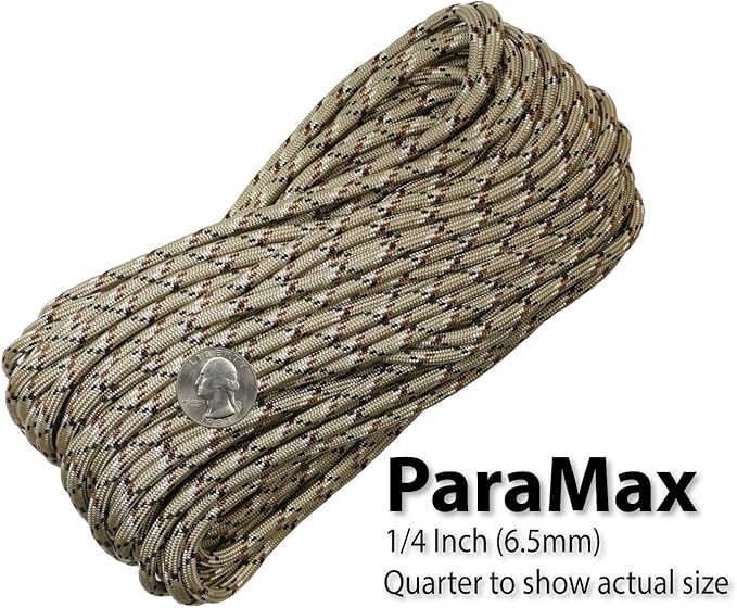 1/4" ParaMax Paracord 100 ft – 1000 lb Type IV Rope for Dog Leashes, Camping, Kayak Anchor - Made in USA - Desert Camo