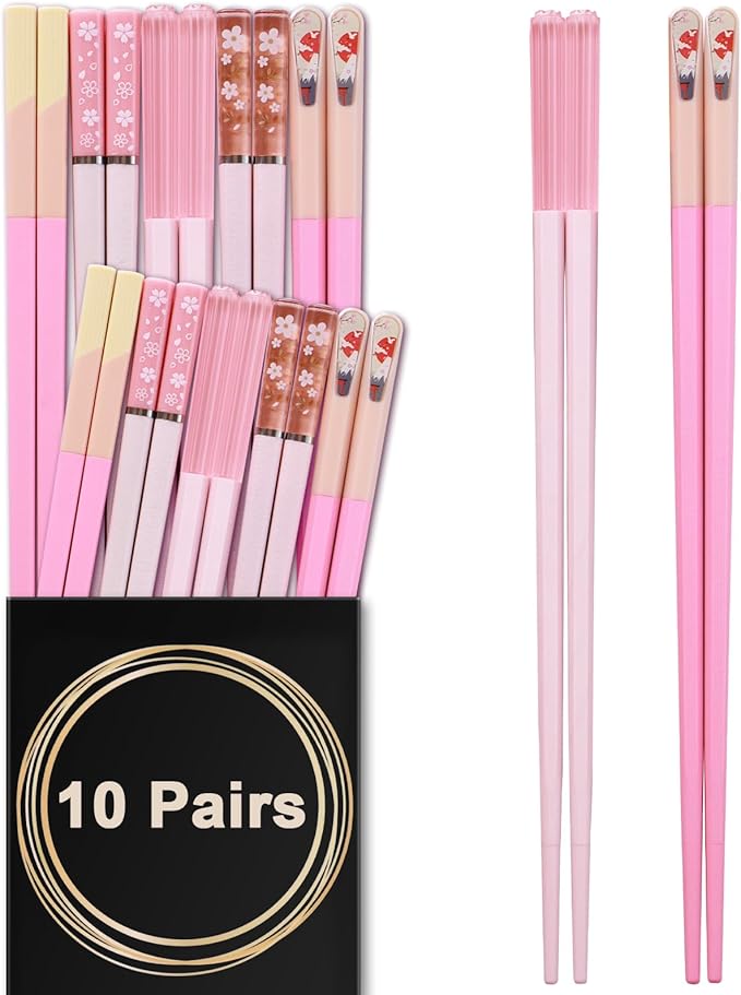 Chopsticks Reusable Dishwasher Safe, GLAMFIELDS 10 Pairs 9.5 Inches Premium Fiberglass Chop Sticks Set for Sushi, Ramen, Asian Cuisine, Non-slip, Pink