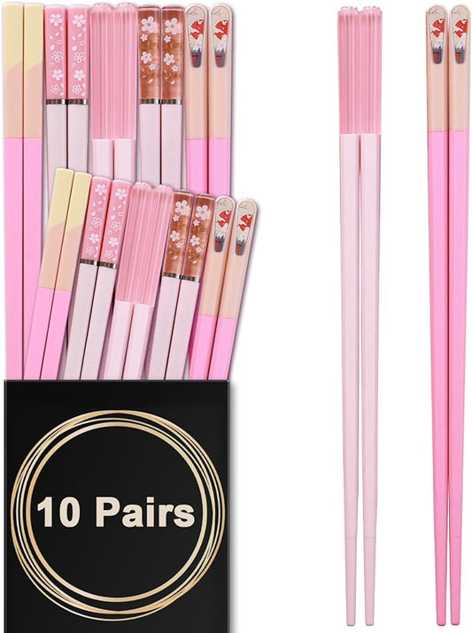 Chopsticks Reusable Dishwasher Safe, GLAMFIELDS 10 Pairs 9.5 Inches Premium Fiberglass Chop Sticks Set for Sushi, Ramen, Asian Cuisine, Non-slip, Pink