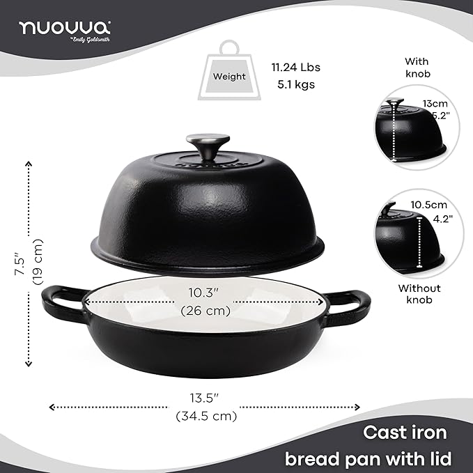 Enamelled Cast Iron Dutch Oven Pot – Dutch Oven For Sourdough Bread Baking – Cast Iron Bread Pot – Black, 6 Quarts, 26cm – by Nuovva
