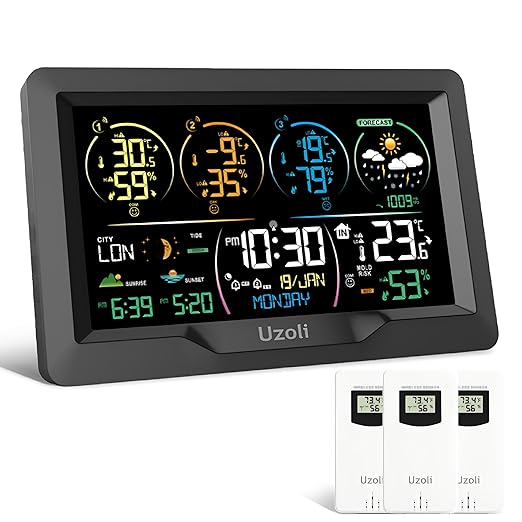 Uzoli EM3390 7.5" Weather Station, Weather Station Wireless Indoor Outdoor Thermometer, Digital Weather Stations 3 Sensors with Atomic Clock, Barometer, Moon Phase, Large Screen Monitor for Home Use