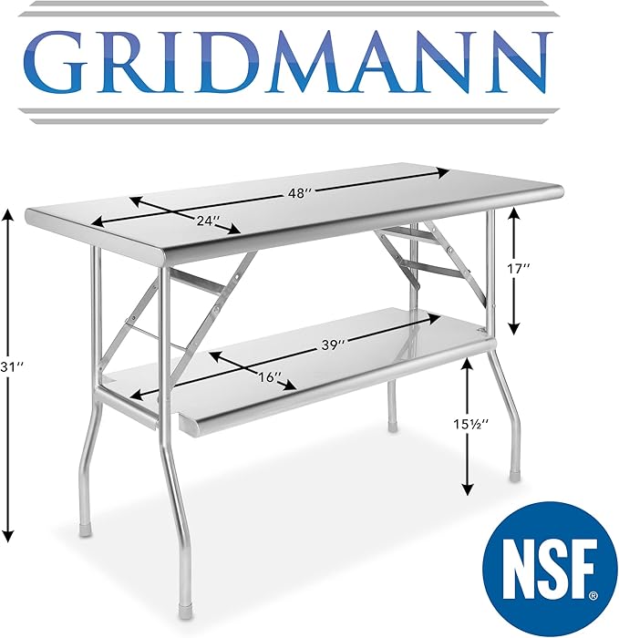 GRIDMANN Stainless Steel Folding Table 48 x 24 Inch with Under Shelf, NSF Kitchen Prep & Work Table