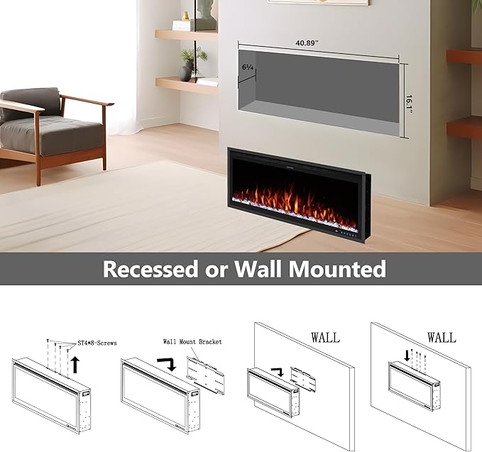 Benrocks 42'' WiFi-Enabled Electric Fireplace Insert - Alexa & App Control, 13 * 13 * 3 Color Combinations, Smart Fireplace Heater, Timer, Logs & Crystals Included, 750/1500W