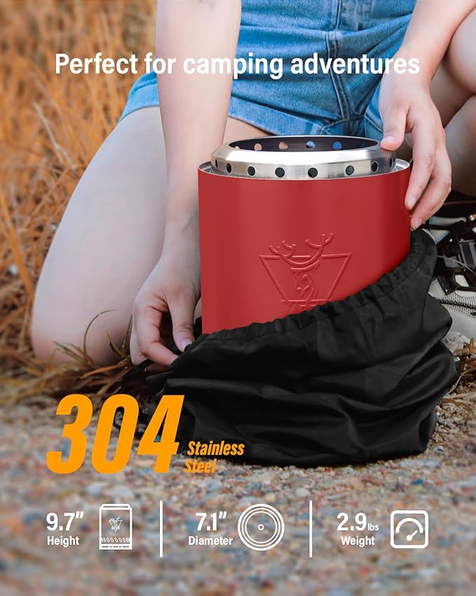 YEFU Tabletop Fire Pit 9.7 x 7.1 in, Flame Intensity Control Camping Stove for Outdoor & Patio, Fueled by Pellets or Wood, Safe Burning Table Top Firepit, with Travel Bag & 2 Mini Sticks, Red