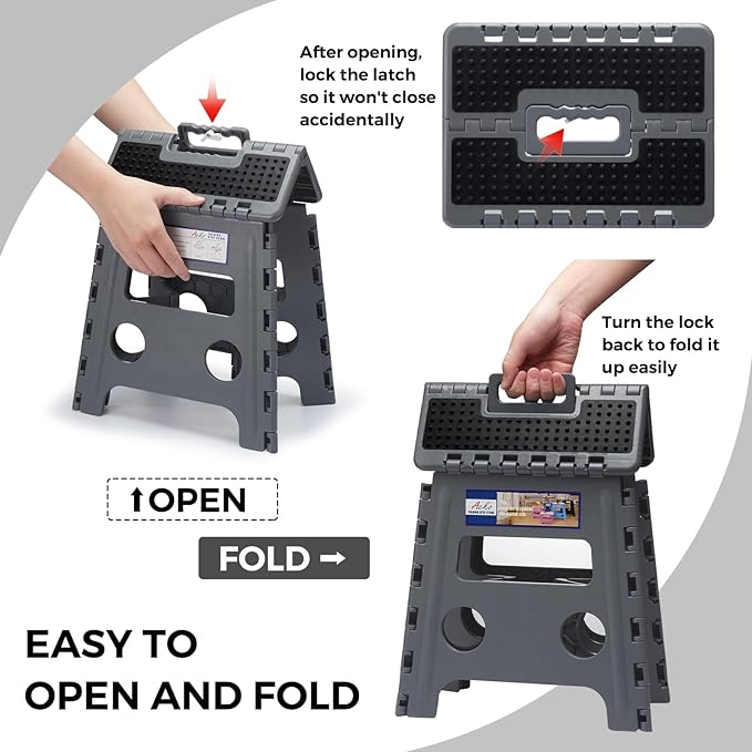 ACKO Folding Step Stool 13 inch Height Premium Heavy Duty Foldable Step Stools for Adults and Kids, Kitchen Plastic Small Collapsible Stepping Stool Hold Up to 300 LB Dot Grey (1 Pack)