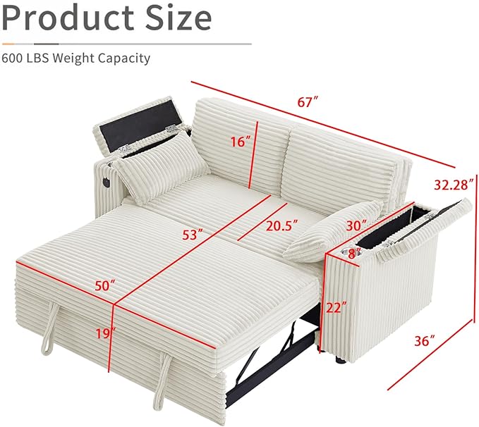 68.11" Corduroy Sleeper Chair Bed with USB Port, Cup Holders & Side Storage Pockets – 3-in-1 Foldable Sofa Bed for Guest Room, Living Room (ZY-1110-White)