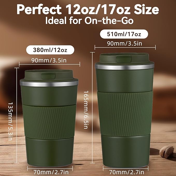 12OZ Travel Coffee Mug Insulated Coffee Cup with Spill Leak Proof Lid, Portable Stainless Steel Tumbler Reusable Hot and Cold Water Mug for Car, Daily, Camping- Military Green