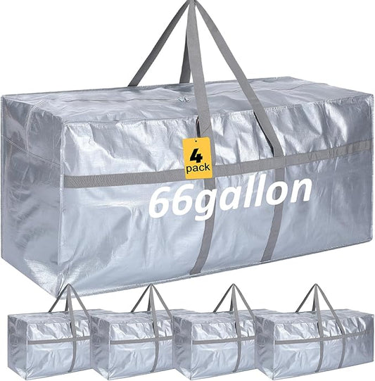 4 Pcs 66 Gallon Large Moving Bags with Zipper and Handles Foldable Storage Duffle Bags Heavy Duty Extra Large Totes for College Dorm Travel Clothes Blankets Bedding Moving (Silver)