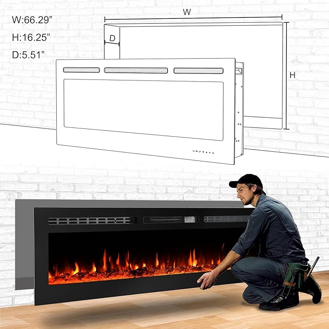 CharaVector 70 inch 750W/1500W Electric Fireplace Inserts with Remote Control in Wall Mounted, Energy Saving LED Insert Fireplace Heater Indoor Glass View with Remote Control & Touch Screen, Black