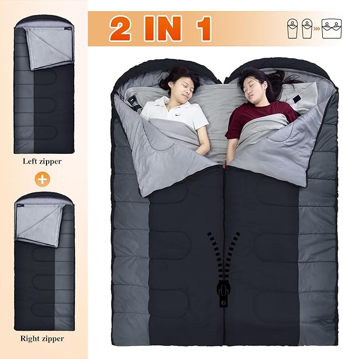 XL 10 Degree Sleeping Bags Waterproof for Adults 350GSM Machine Washable with Compression Sack for 3-4 Season Camping Outdoor