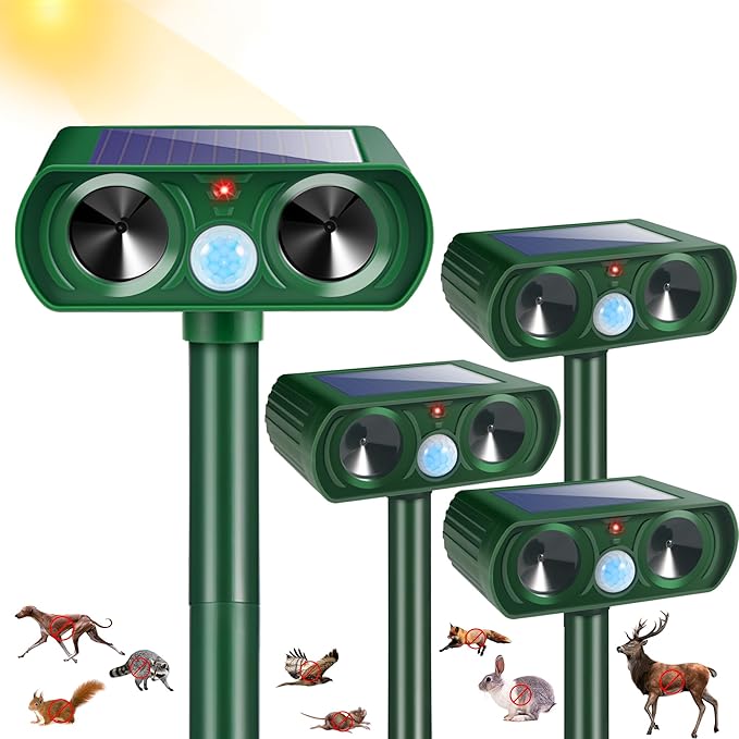 4Pack Solar Ultrasonic Animal Repellent Outdoor Deer Repellent Devices with Motion Detection&Flash Light Squirrel Cat Raccoon Rabbit Dog Deterrent,2025 Keep Rodent Chipmunk Away for Yard Garden Lawn