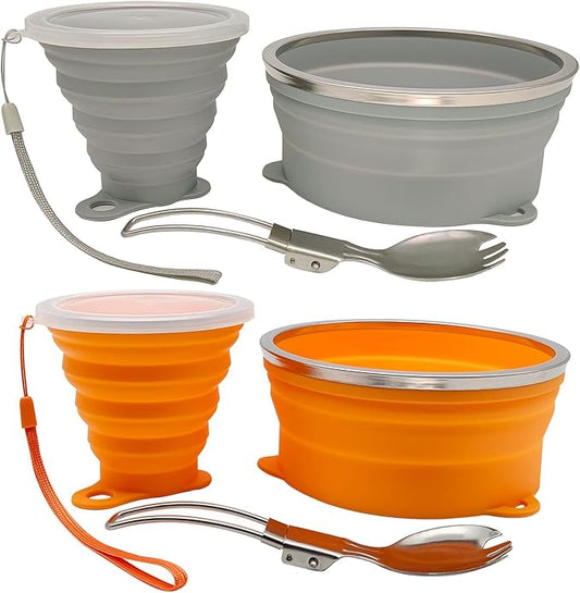 Mess Kit for Camping Silicone Collapsible Bowl Collapsible Cup and Stainless Steel Spoon for Backpacking Outdoor Hiking Traveling and Picnic - 2 Pack
