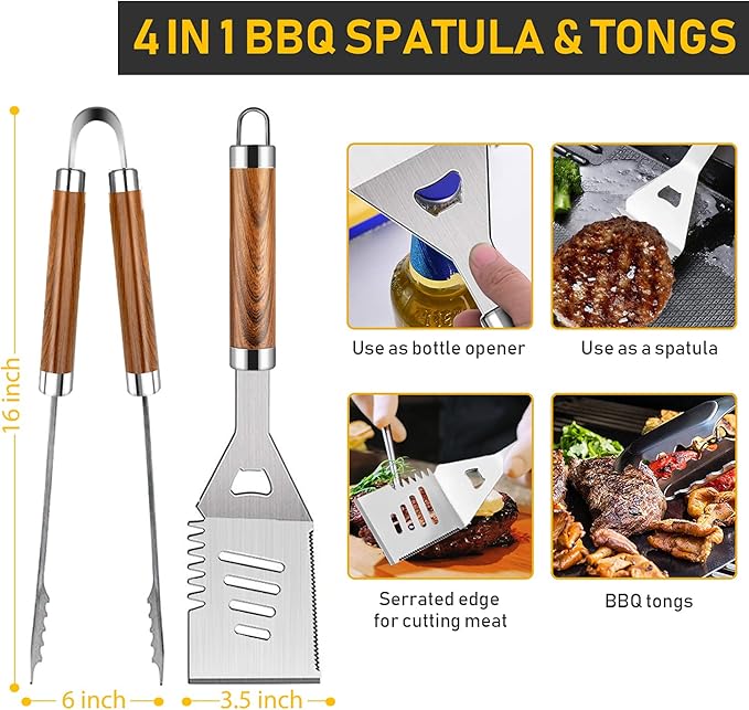 34Pcs Grill Accessories Grilling Gifts for Men, 16 Inches Heavy Duty BBQ Accessories, Stainless Steel BBQ Tools with Thermometer, Grill Mats for Backyard, BBQ Gifts Set for Men Women
