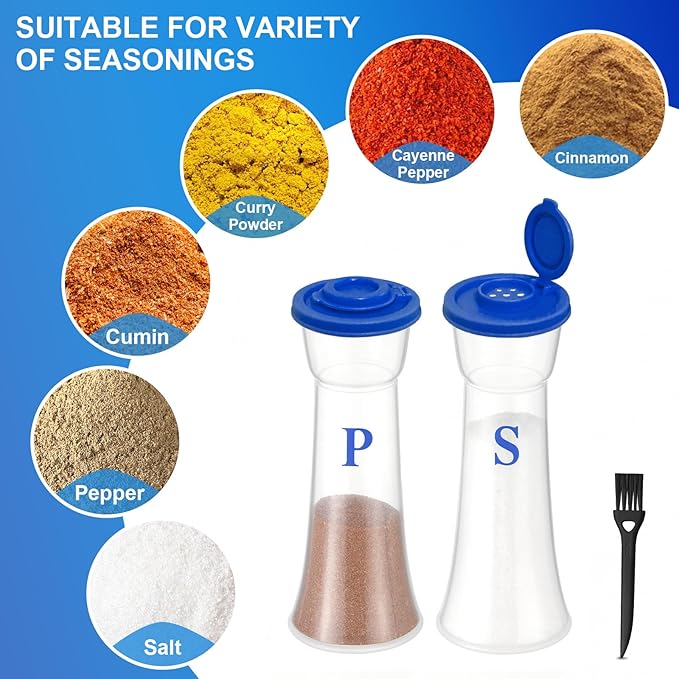 Set of 2 Clear Salt and Pepper Shakers, Plastic Spice Jars with Colorful Lids, Leakproof Moisture-Proof for Home Kitchen Restaurant, Camping, Travel, Picnic (Blue)