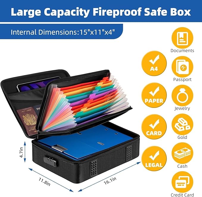 File Organizer, Hard Case Fireproof Document Box with Lock, Hard-Shell Important Document Organizer Safe Box Fireproof Waterproof, Home Office Supplies Storage and Organization (Black)