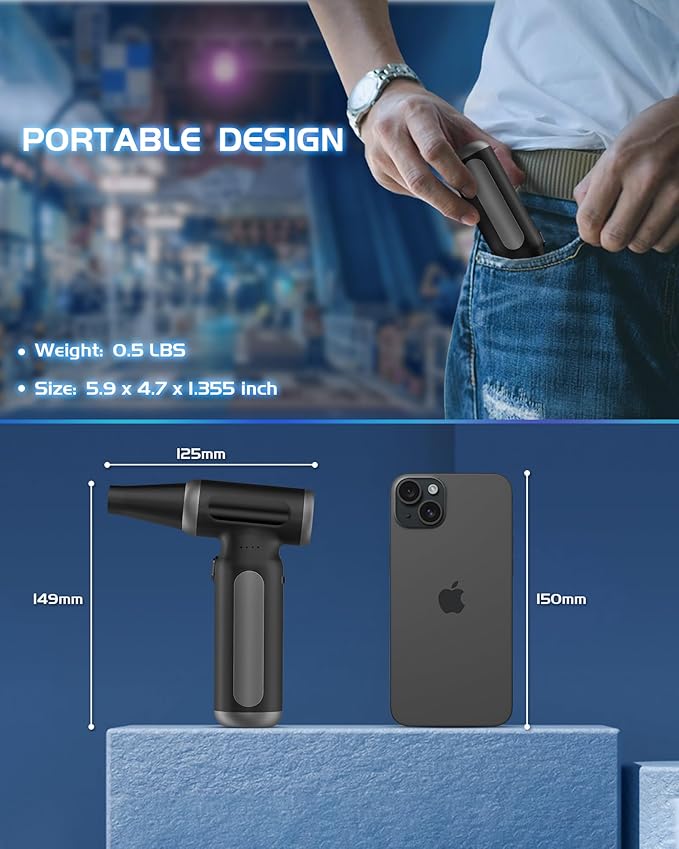 Electric Compressed Air Duster - 33,0000 RPM Rechargeable Cordless Turbo Blower, Portable Air Blower Gun for Cars, PC, Keyboard, Home & Outdoor Dust Cleaning (Replaces Compressed Air Cans)