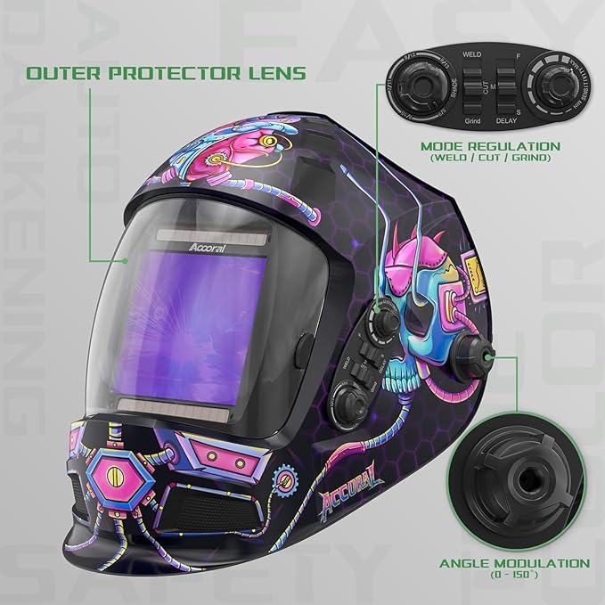 3.94" x 3.66" Large Viewing Hemispherical lense Welding Helmet, 1/1/1/1 True Color Auto Darkening Welding Hood Mask, 4 Arc Sensor Wide Shade for TIG, MIG, ARC, Plasma Cut, Grind, Mecha Style