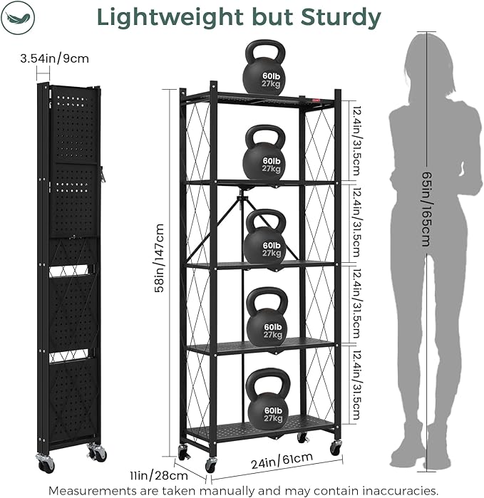DEANIC 5-Shelf Folding Bookcase with Wheels, Rolling Bookshelf Heavy Duty Storage Shelves, Freestanding Metal Wire Shelving Unit for Living Room, Office, Kitchen, Basement, Pantry (Black)