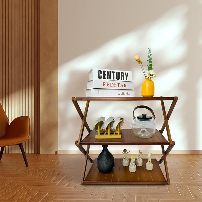 Foldable Bamboo Shelf, Folding Shoe Rack, Flower Rack, Camping Rack, No Installation Required, Portable, Space Saving, Multi-Purpose Storage Rack (Walnut,3 Tiers)