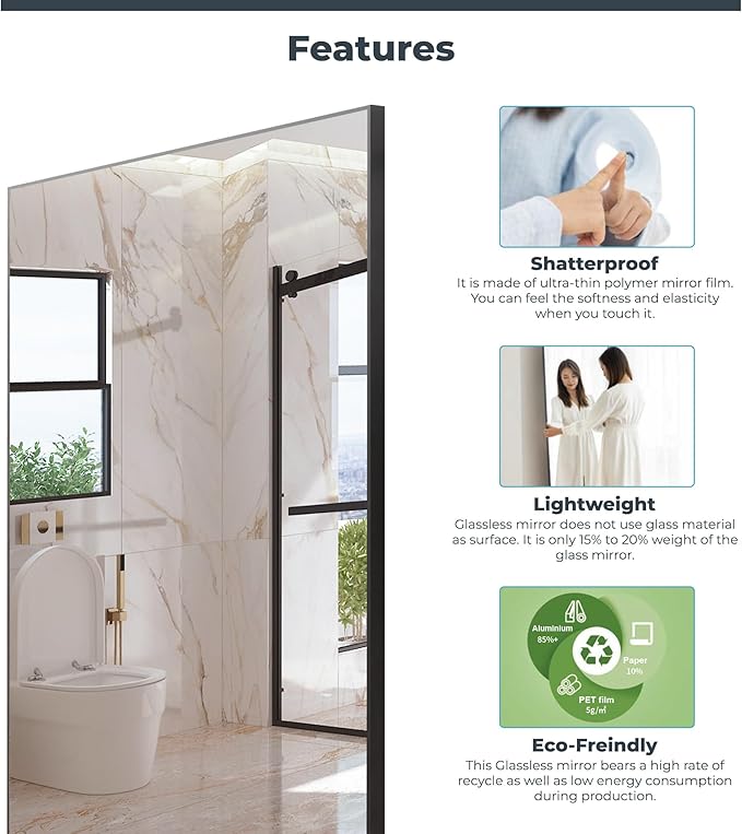 Fab Glass and Mirror Unbreakable Glassless Full Length Standing Mirror, Lightweight Shatterproof, Perfect for Home, Gym, Dance Studio 40L X 30W Chrome