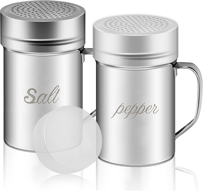 Stainless Steel Salt and Pepper Shakers Set, 14 OZ Seasoning Spice Shaker with Lid and Handle 127 Holes, Metal Dredge Shaker for Powder Sugar Cooking Kitchen Baking (2 Pieces)