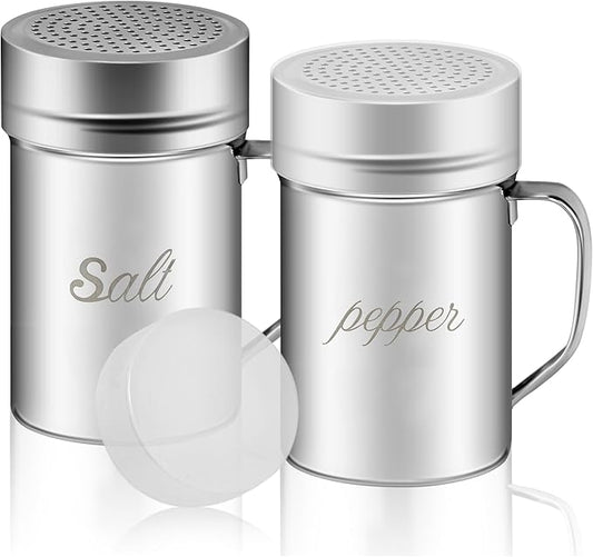 Stainless Steel Salt and Pepper Shakers Set, 14 OZ Seasoning Spice Shaker with Lid and Handle 127 Holes, Metal Dredge Shaker for Powder Sugar Cooking Kitchen Baking (2 Pieces)