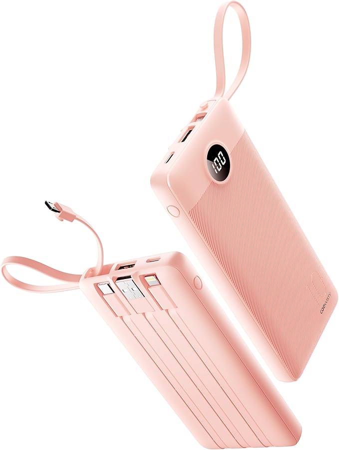 Portable Phone Charger, Slim 10000mAh Power Bank with Cords Wires, Battery Pack 5 Outputs 2 Inputs LED Display Compatible with iPhone/Android & More (Pink)