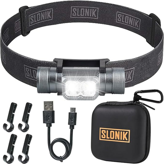 SLONIK Headlamp Rechargeable - 1000 Lumen LED USB Rechargeable Headlight - IPX4 Waterproof Head Lamp with Bright 60 ft Flashlight Beam - Hiking & Outdoor Camping Gear, Black - LED Headlamp