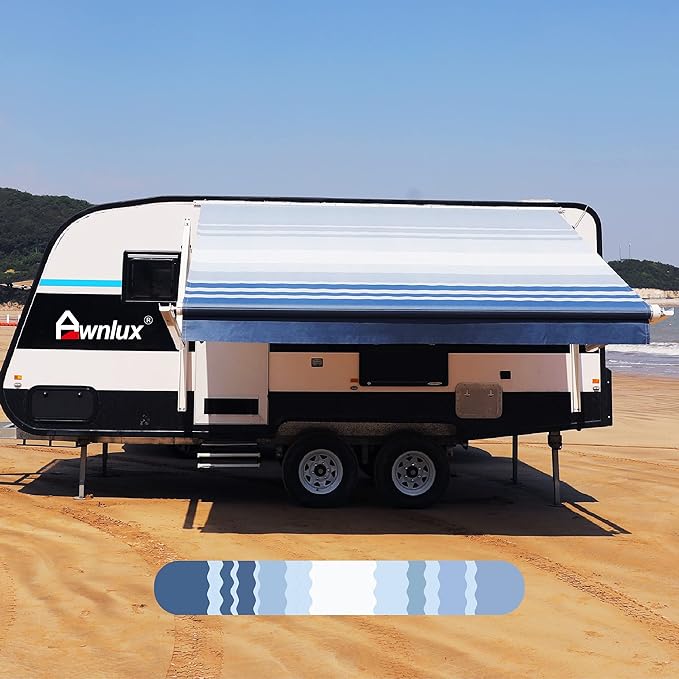 AWNLUX RV Awning Fabric Replacement Waterproof Vinyl Shade Screen for Awnings Camping Universal Fit Fabric Sun Shade UV Sun Blocker Canopy RV Awning Shade Shelter Blue Strip-15'(Fabric 14'2")
