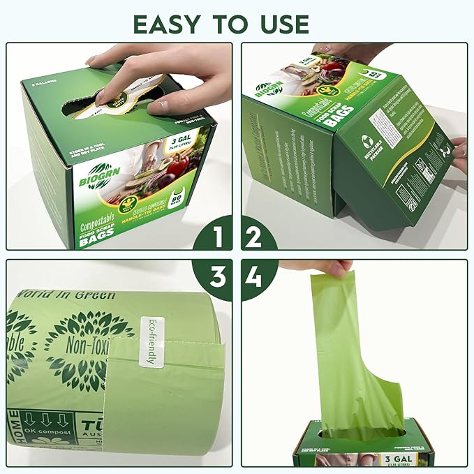 2.6-3 Gallon Compostable Trash Bags with Handles 80 Count 0.67 Mil 11.36 L Small Kitchen Food Scrap Waste Compost Bag ASTM D6400 US BPI and OK Compost Home Certified