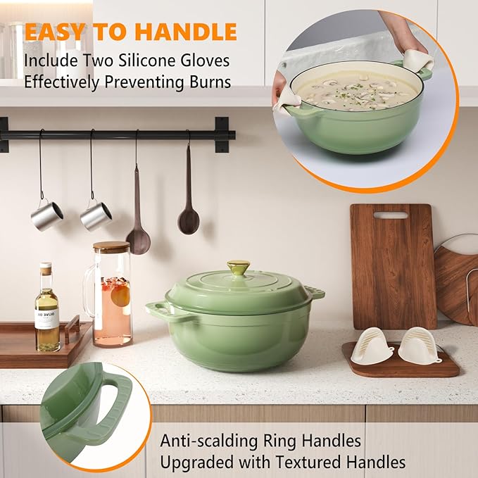 BONNLO 6QT Round Dutch Oven, Enameled Cast Iron Dutch Oven Pot with Lid & Dual Handles, Oven Safe Up to 500° F, for Sourdough, Bread Baking, Stews and Roasting (Sage)
