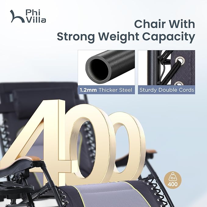 PHI VILLA XXL Oversized Padded Zero Gravity Chair, Foldable Patio Recliner, 30" Wide Seat Anti Gravity Lounger with Cup Holder, Set of 2, Support 400 LBS (Gray Accent)