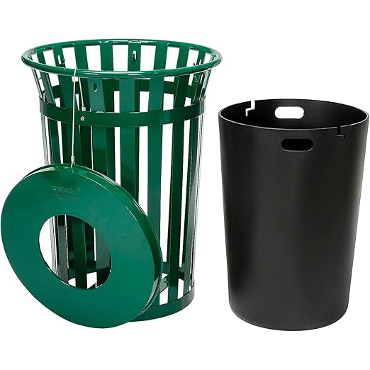 Global Industrial 36 Gallon Outdoor Slatted Steel Round Trash Can with Flat Lid, Plastic Liner & Anchor Kit Included, 28" W x 36" H, Commercial & Industrial Trash Can, Green