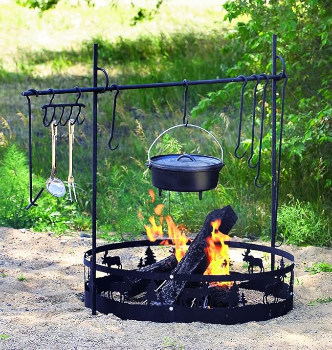 Guide Gear Campfire Cooking Equipment Set; Heavy-Duty Iron Side Posts, Hooks, Lid Lifter, Utensil Holder and Poker