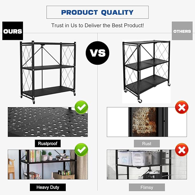 3-Tier Foldable Storage Shelf with Wheels - Metal Rack Collapsible Shelving Unit Display, Rolling Cart for Books Kitchen Storage Shelves, Pantry & Closet Organizer, Office Room Decor