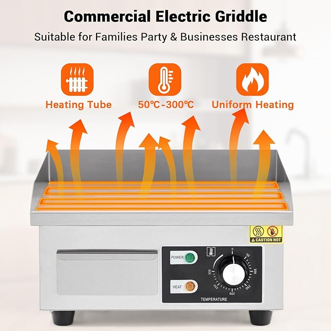 GarveeHome 14 In Commercial Electric Griddle,110V 1500W Electric Restaurant Teppanyaki Flat Top Grill with Shovels & Brushes, Non-Stick Countertop Griddle, Adjustable Temperature Control 122°F-572°F